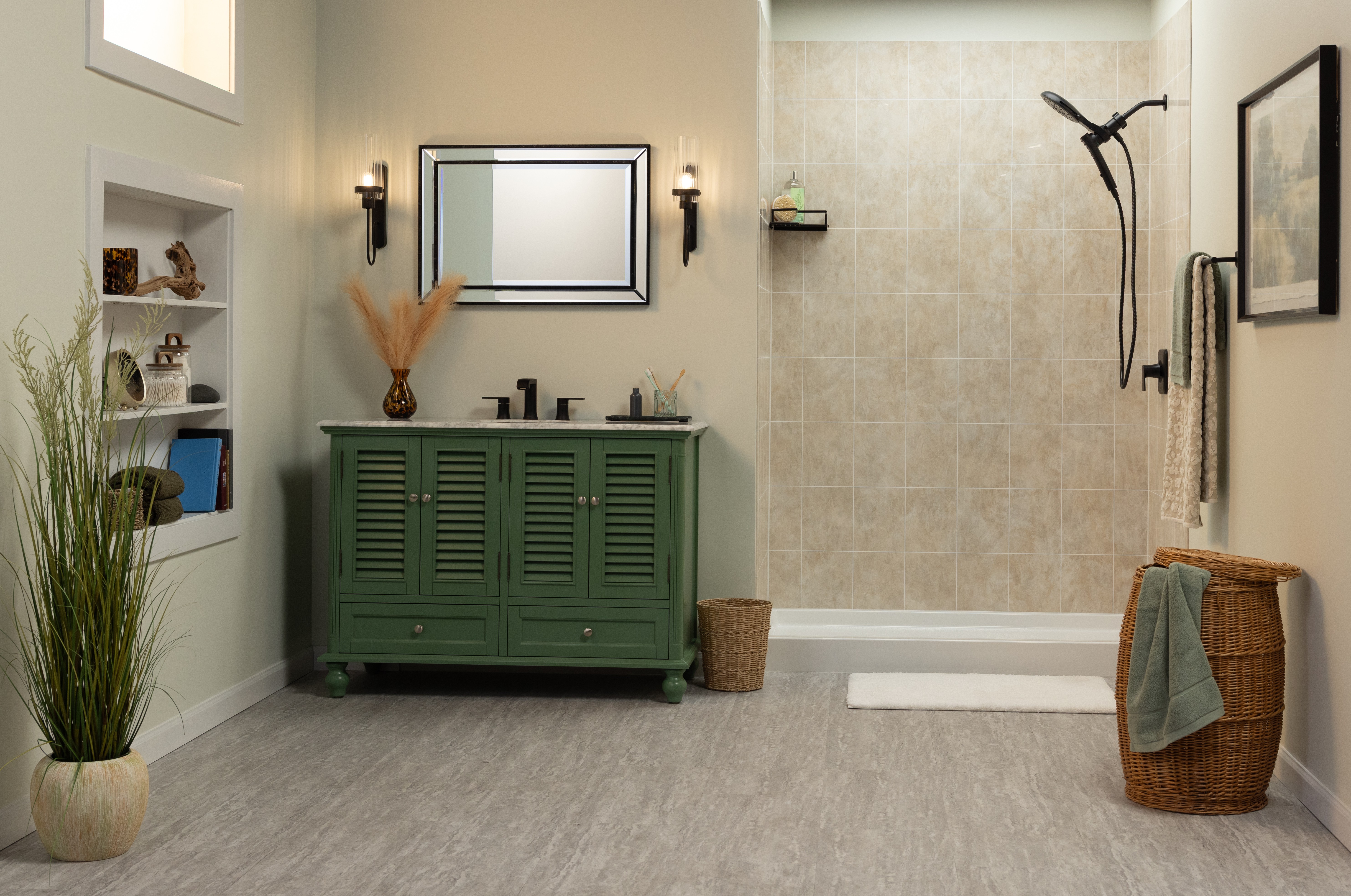 Green cabinetry with beige shower surround — tub-to-shower conversion